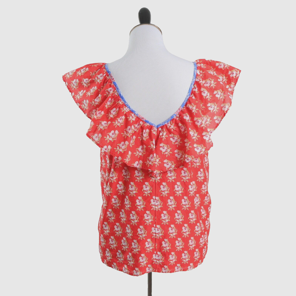 J Crew Size S Ruffle V Neck Top Cotton Classic Block Print Orange - Picture 5 of 11